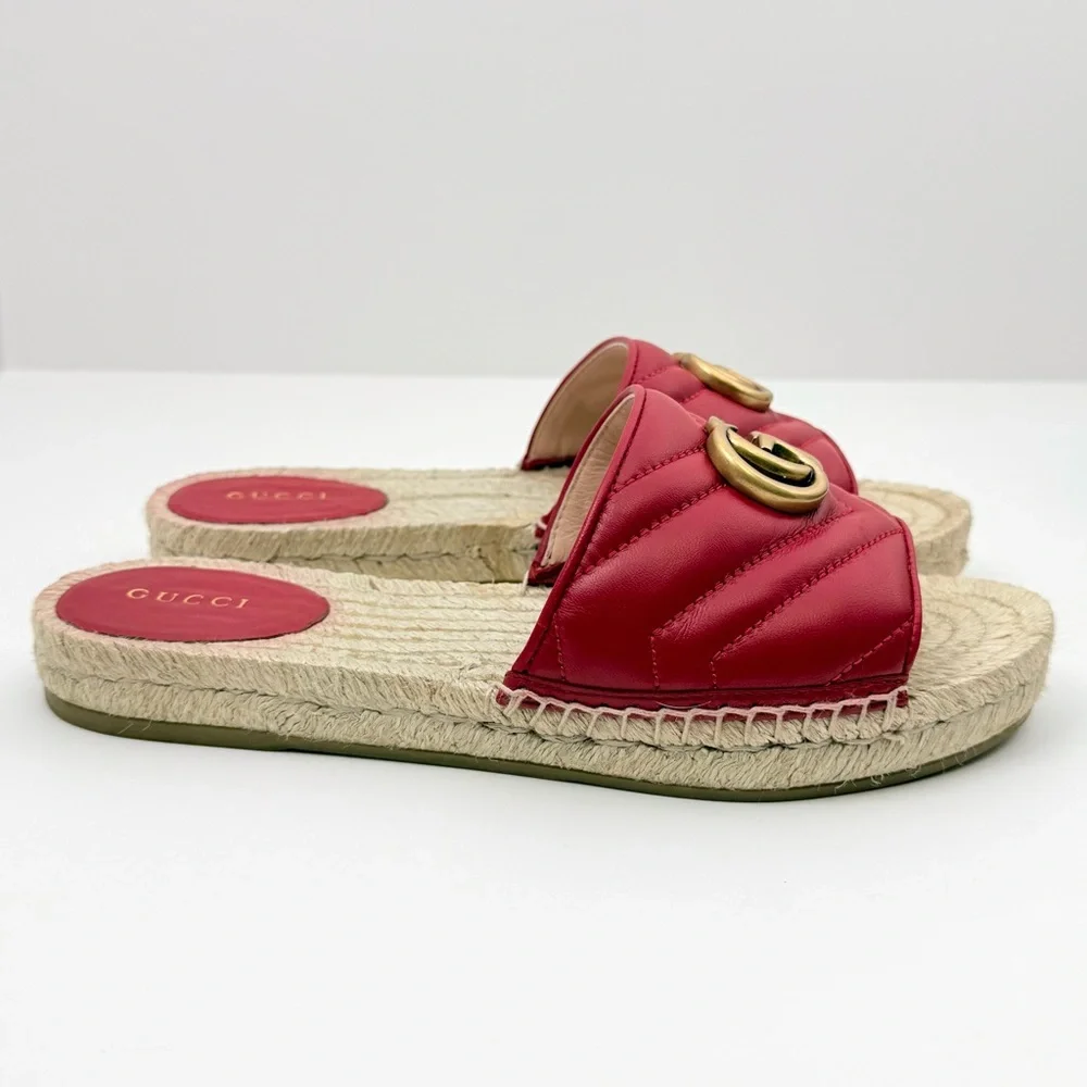 Gucci Charlotte Matelesse Espadrille Marmont Slide Sandal Hibiscus Red Leather 8